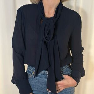 Navy Tie-Neck Long Sleeve Blouse - Women